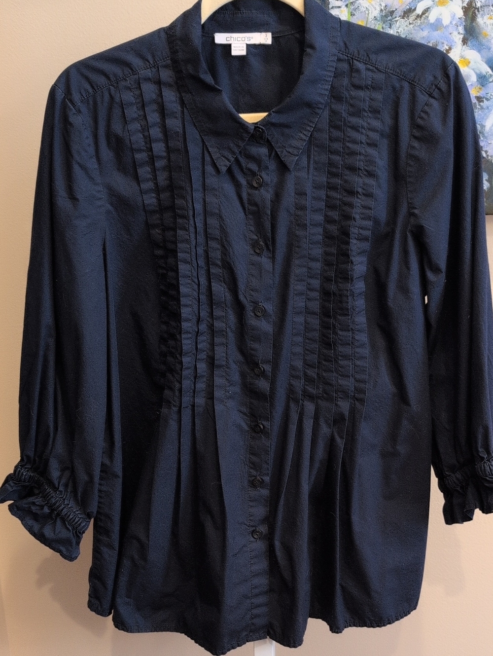 Chico's Navy Pintuck Button-Down Blouse